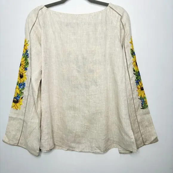 Needlepoint Yellow Sunflower Peasant Blouse Womens 46/XL Drawstring Neckline - Picture 9 of 12